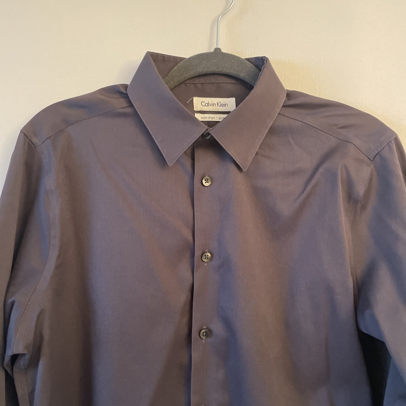 Calvin Klein Non Iron Button-Up Shirt Gray Solid Knit Long Sleeve Men Size M