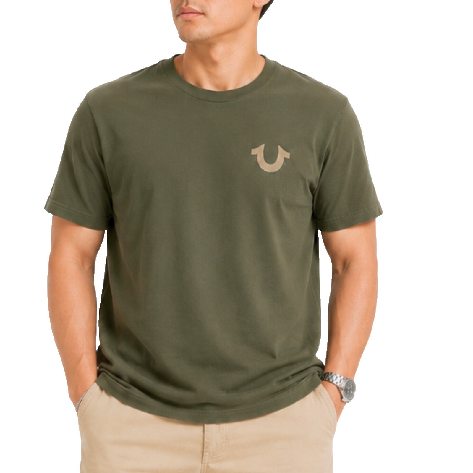 True Religion Mens T Shirt Medium Olive Green Raised Graphic Buddha Logo Tee NWT