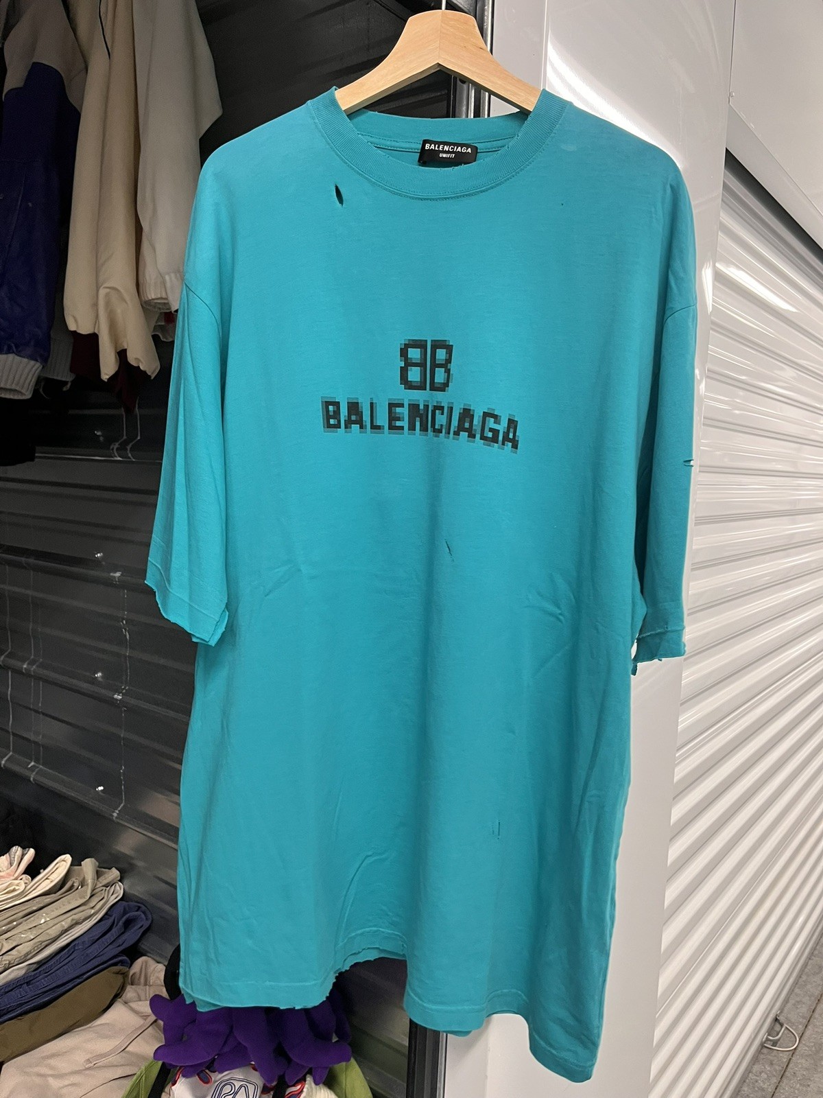 BALENCIAGA UNISEX BLUR MOSAIC LOGO BB TEAL BLUE DISTRESSED T SHIRT NWT DEMNA