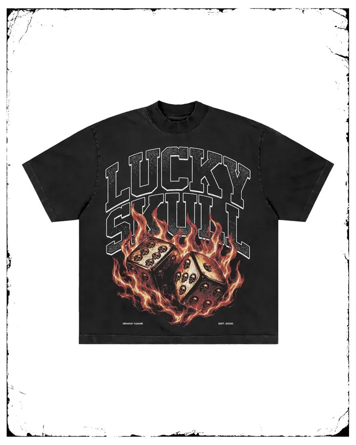Men’s Vintage Washed Graphic T-Shirt Dice Skull Fire Print Streetwear Tee