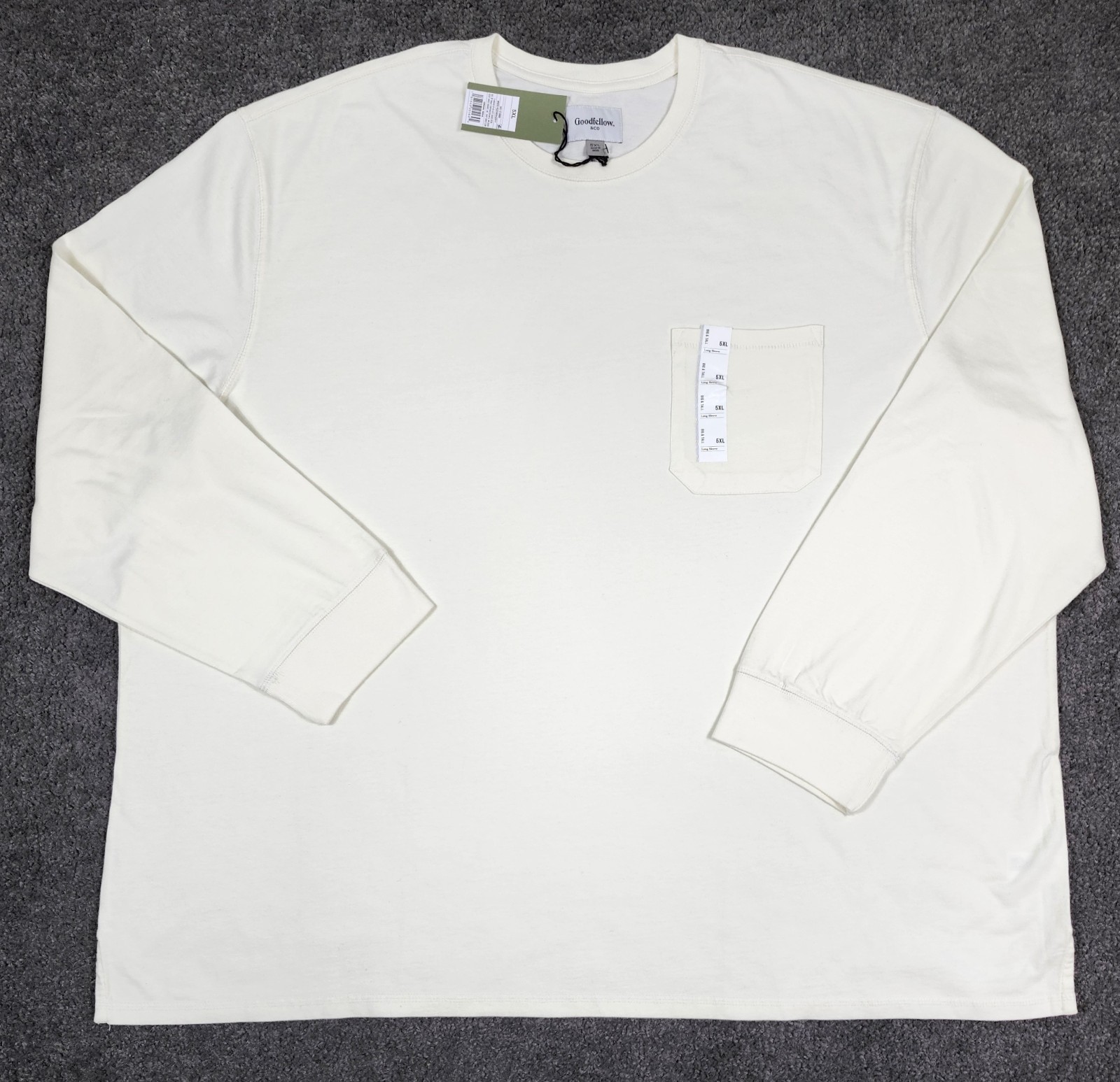 Men’s Crew Neck T Shirt 5XL Cream Goodfellow & Co Long Sleeve Big & Tall Cotton