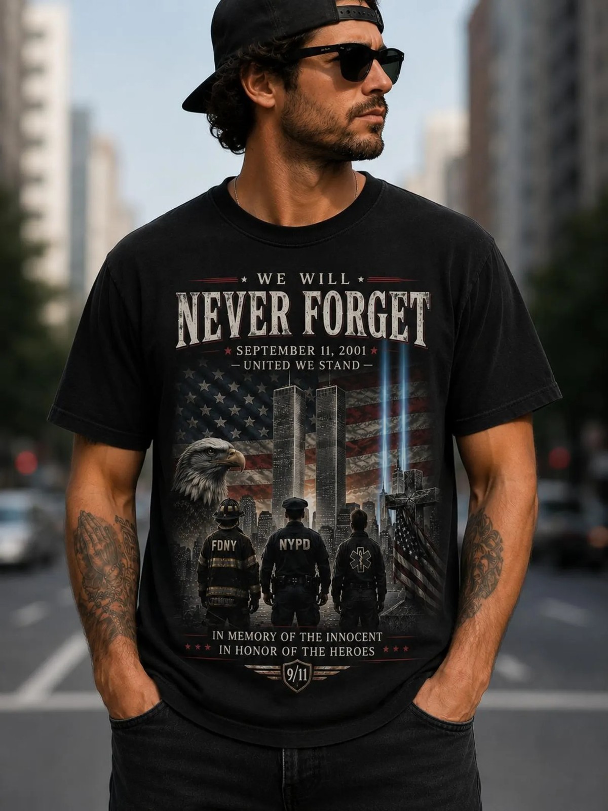 We Will Never Forget 9/11 Memorial Shirt, September 11 2001 Tribute T-Shirt