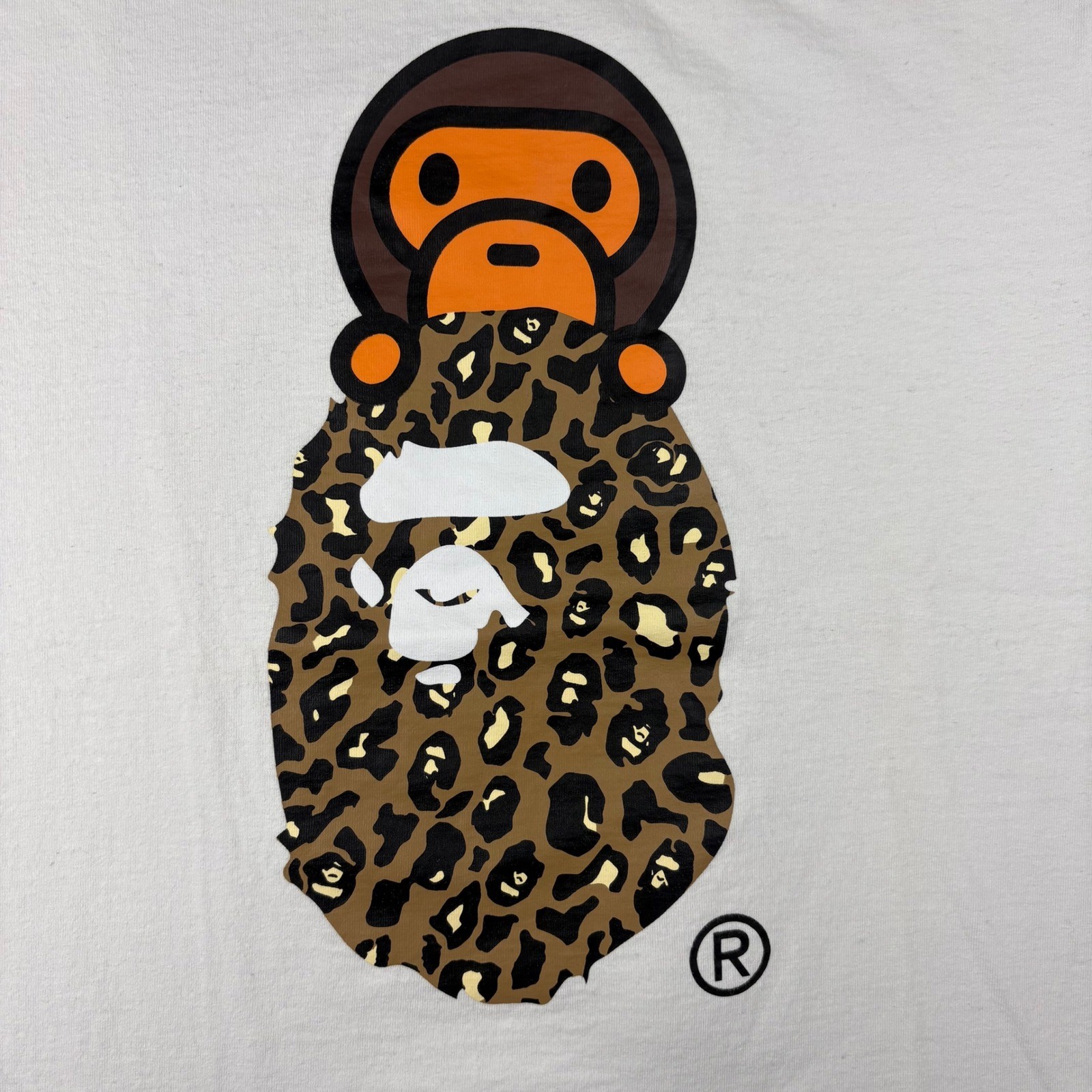 BAPE A Bathing Ape Baby Milo Leopard Ape Head White Tee Shirt SzL