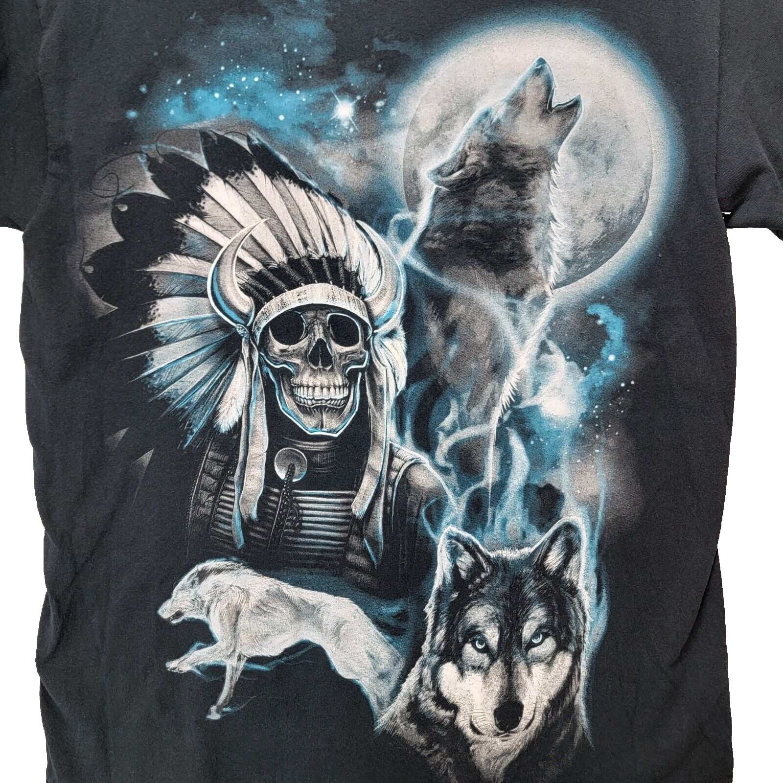 Native American Tshirt Unisex L Adult Black Indian Chief Skull Wolves Moon Howl