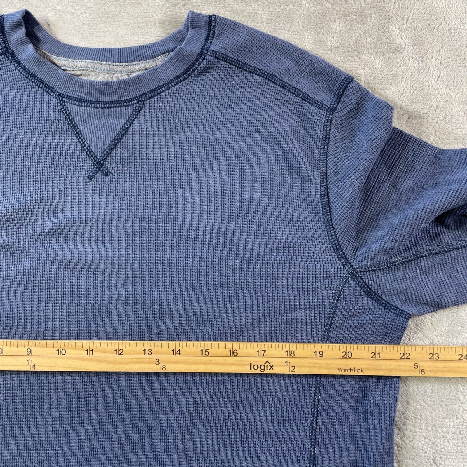 Eddie Bauer Thermal Shirt Mens Large Blue Waffle Knit Crewneck Outdoor Casual