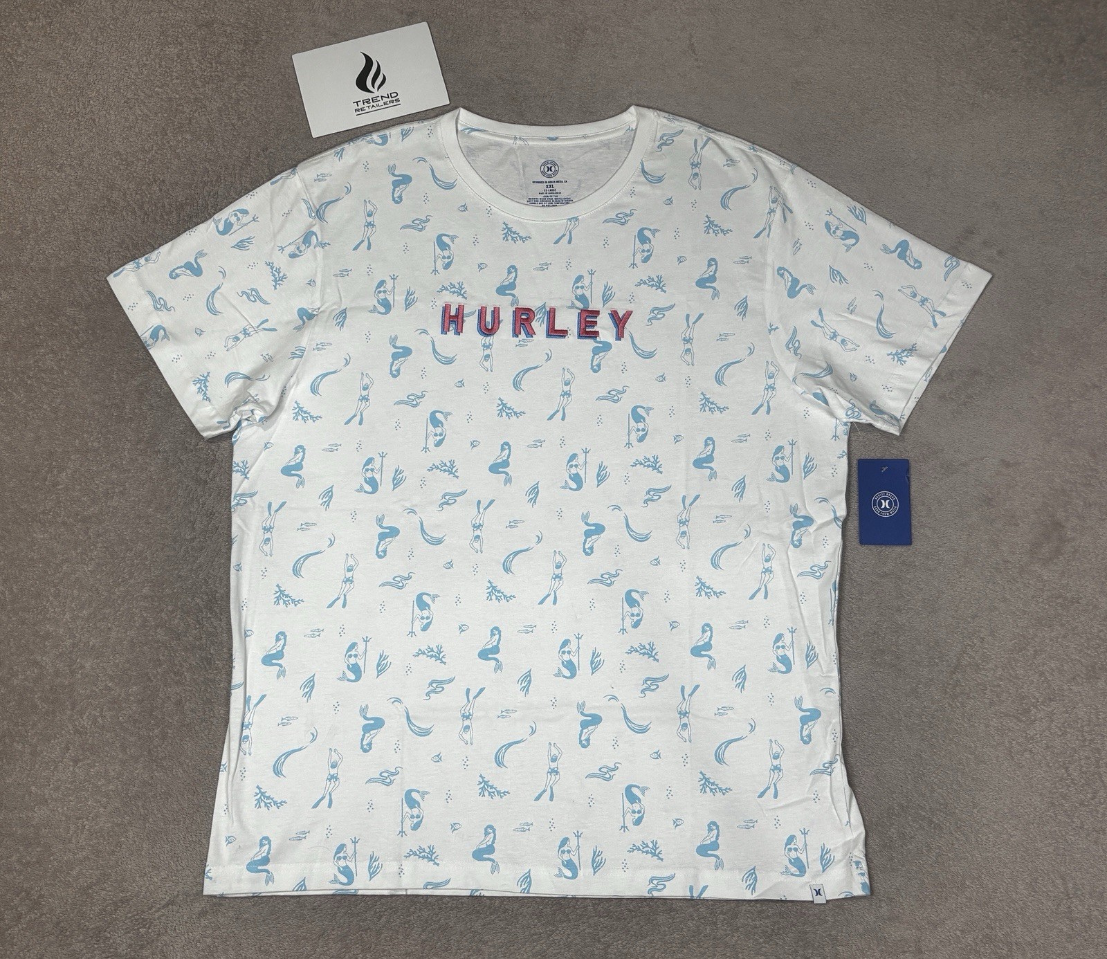 Hurley Deep Sea All Over Print Mermaid Graphic T-Shirt White Men’s 2XL XXL New