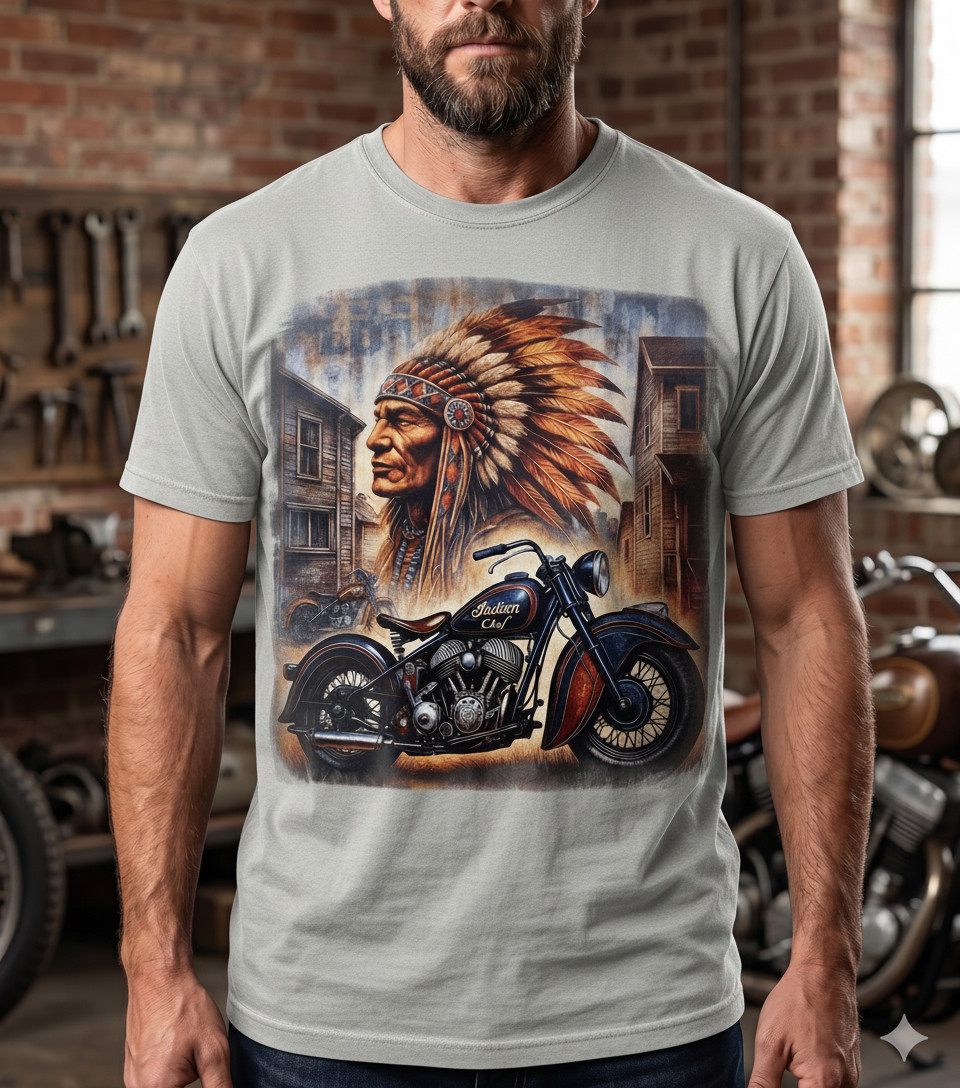 Vintage Indian Motorcycle T-Shirt Native American Chief Dark Blue Biker Tee
