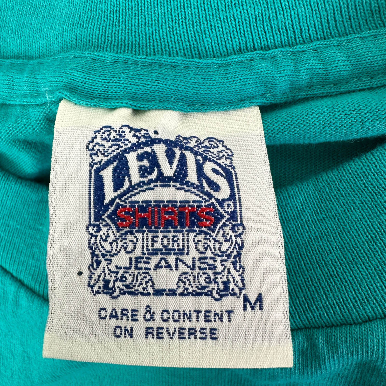 Vintage Levis 501 “Button Your Fly” Tee 90s Single Stitch T Shirt Teal Med Vtg