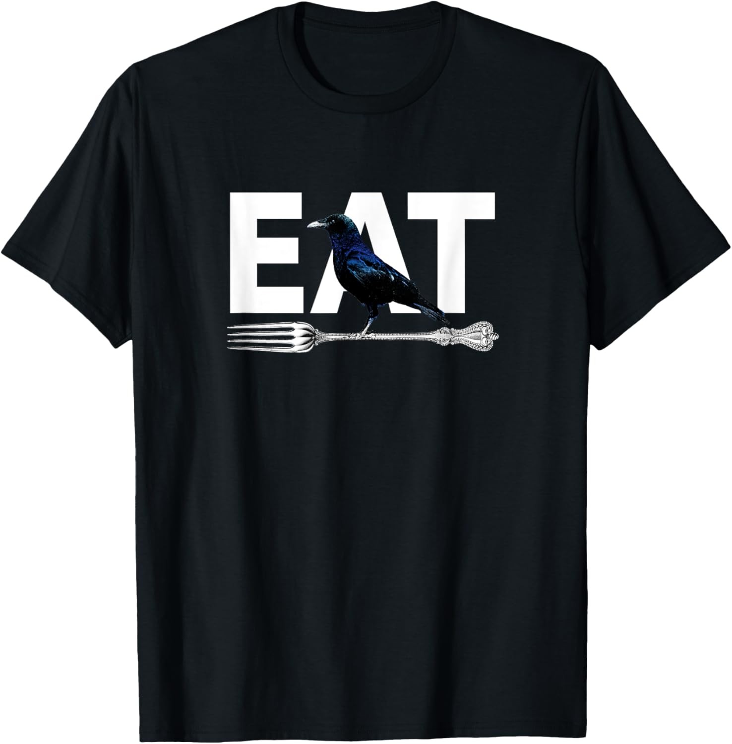 Eat Crow Humor | Black & Blue Crow & Silver Fork Funny Sorry T-Shirt
