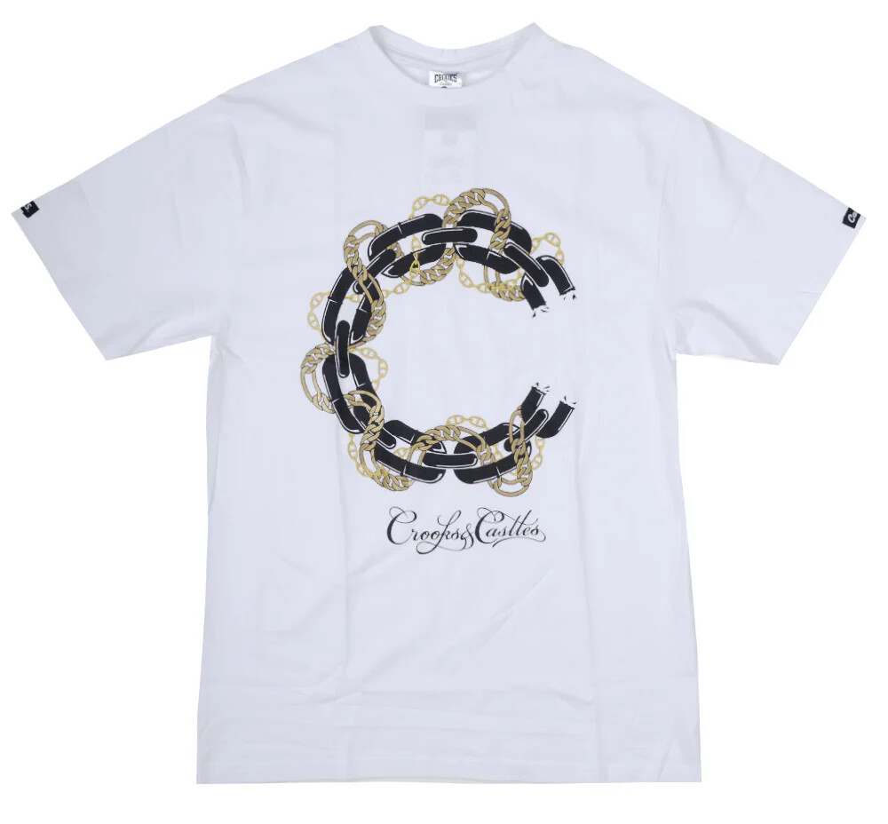 “”Crooks & Castles Gold Chain White T-Shirt: Cutting Edge Streetwear for Men”