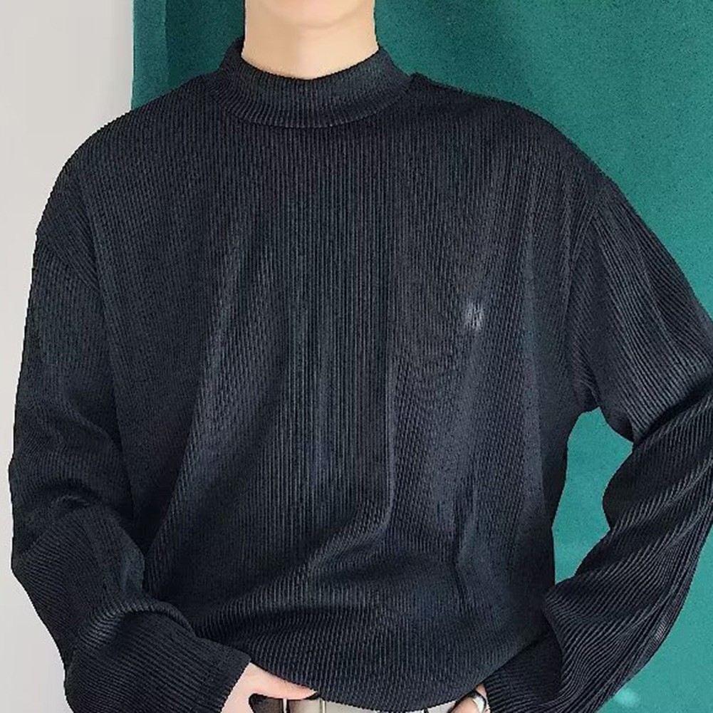 Mens Casual Pleated Drape Half Turtleneck T Shirt for Daily Wear and Commuting