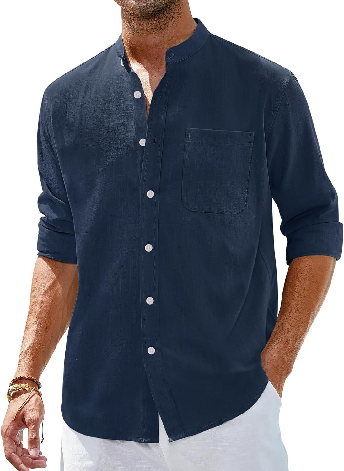 Men’s Linen Button Down Shirt Long Sleeve Band Collar Casual Beach Top