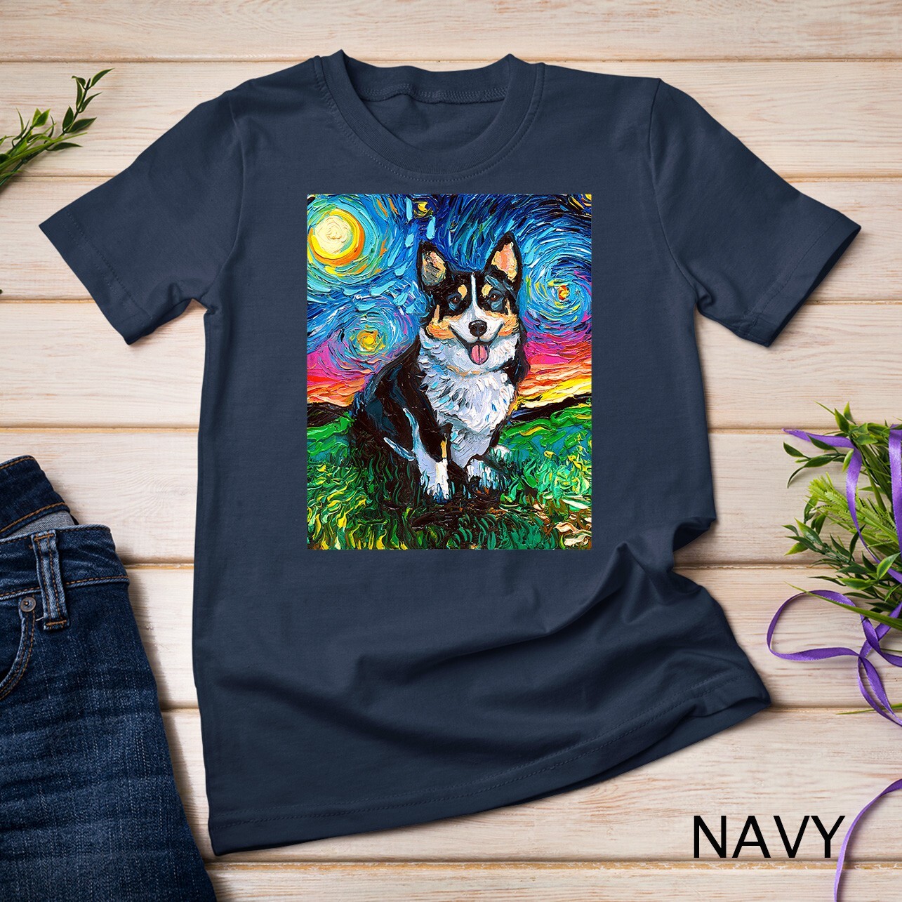 Tri Color Pembroke Welsh Corgi Starry Night Dog Art Unisex T-shirt