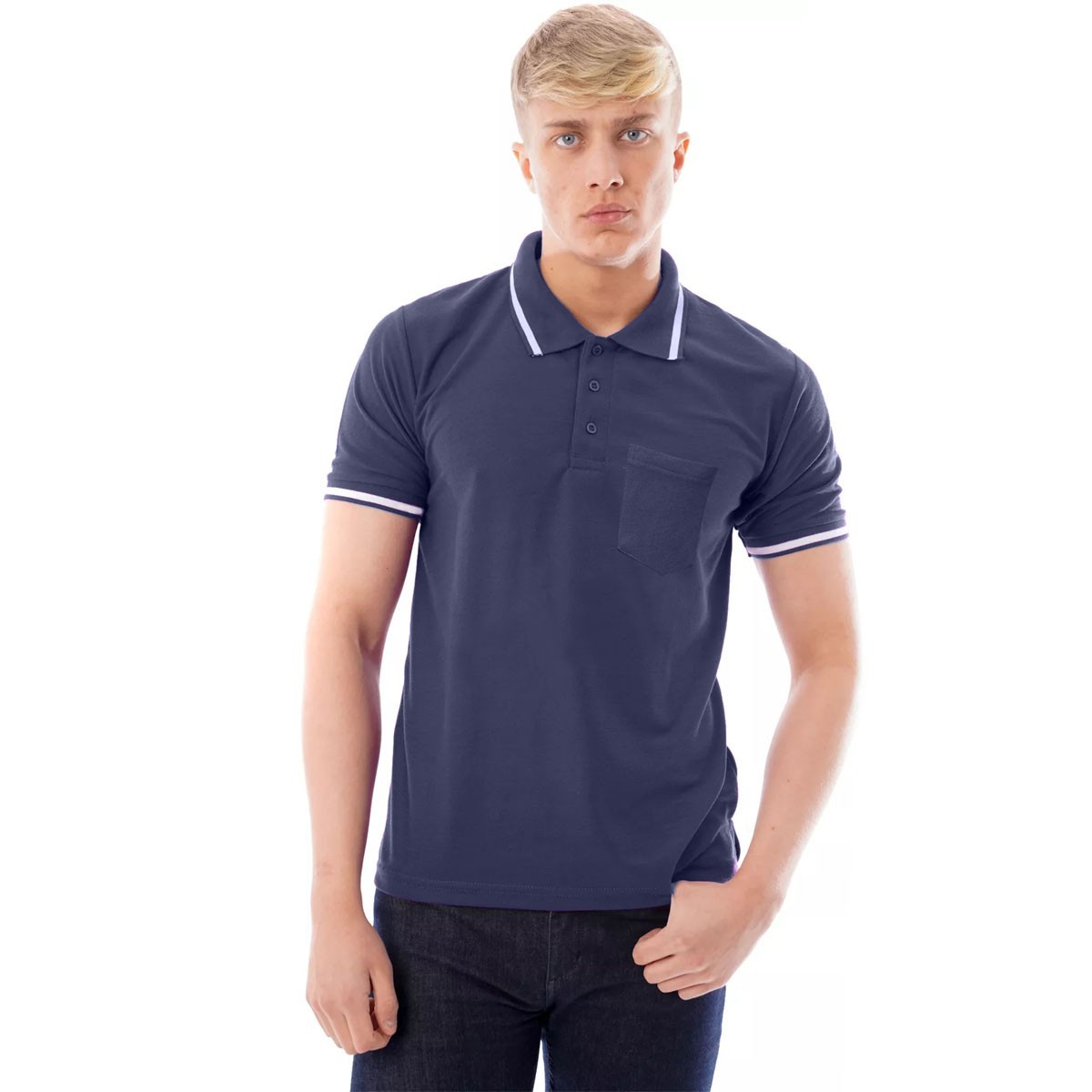 Men’s Polo Short Sleeve Pique Plain Single Tipping Chest Pocket Casual Tee Top