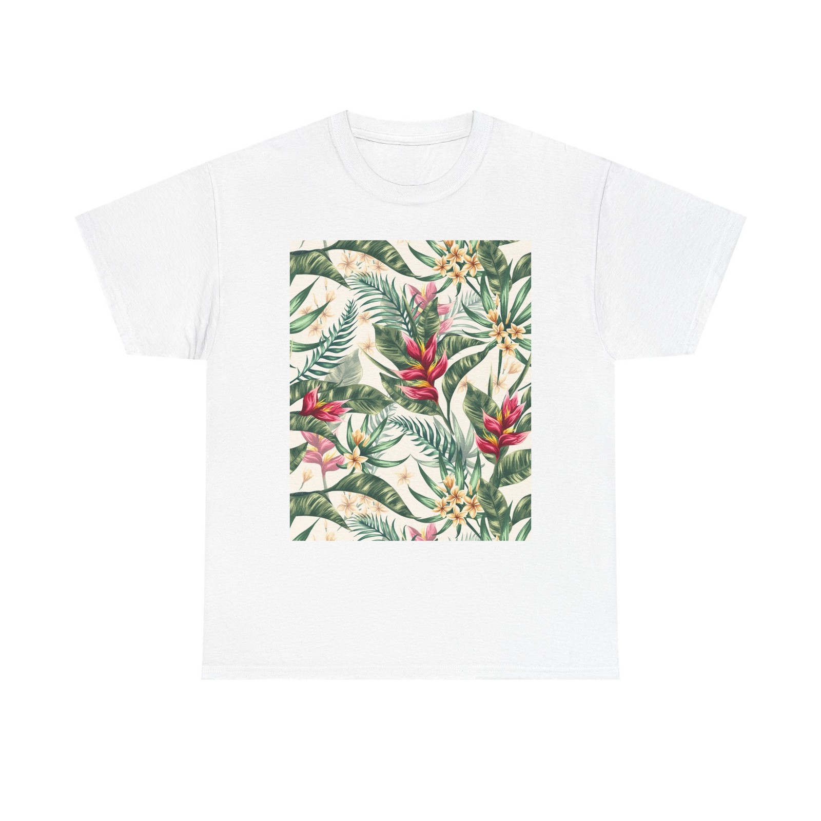 Tropical Floral Pattern T-Shirt | Palm Leaves & Red Heliconia