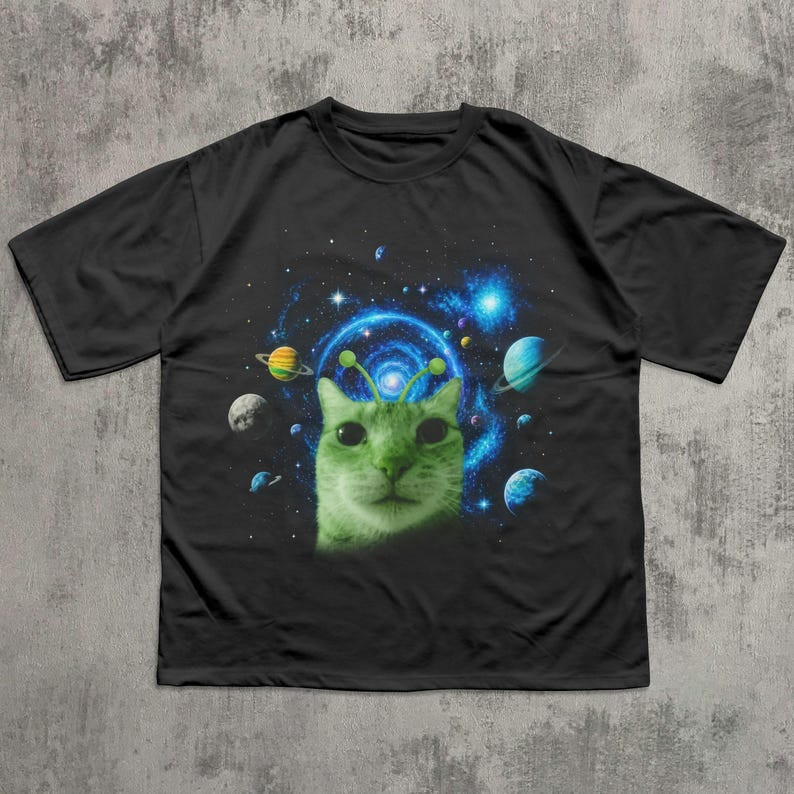 Alien Cat Meme Shirt Funny Space Cat Graphic Tee Trippy Cat Lover Gift