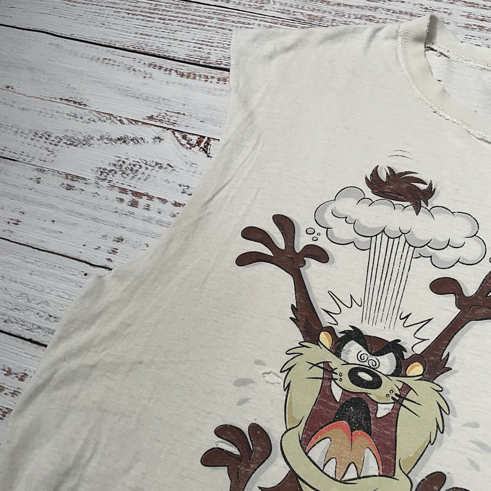 Vintage 90s Taz Looney Tunes Distressed Worn Faded Cut Off White Shirt Adult 2XL