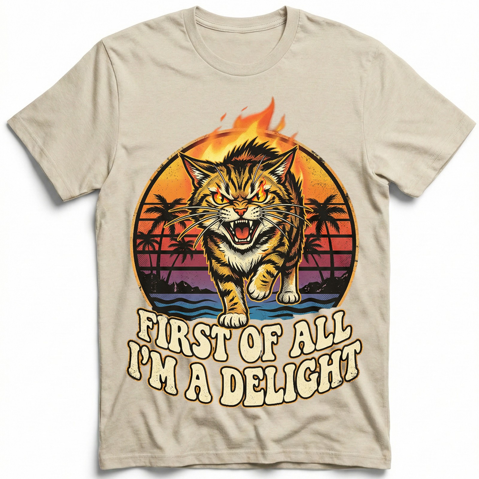 Angry Tiger Fire Eyes Tropical Beach Tee Retro Sunset Palm Trees T-Shirt