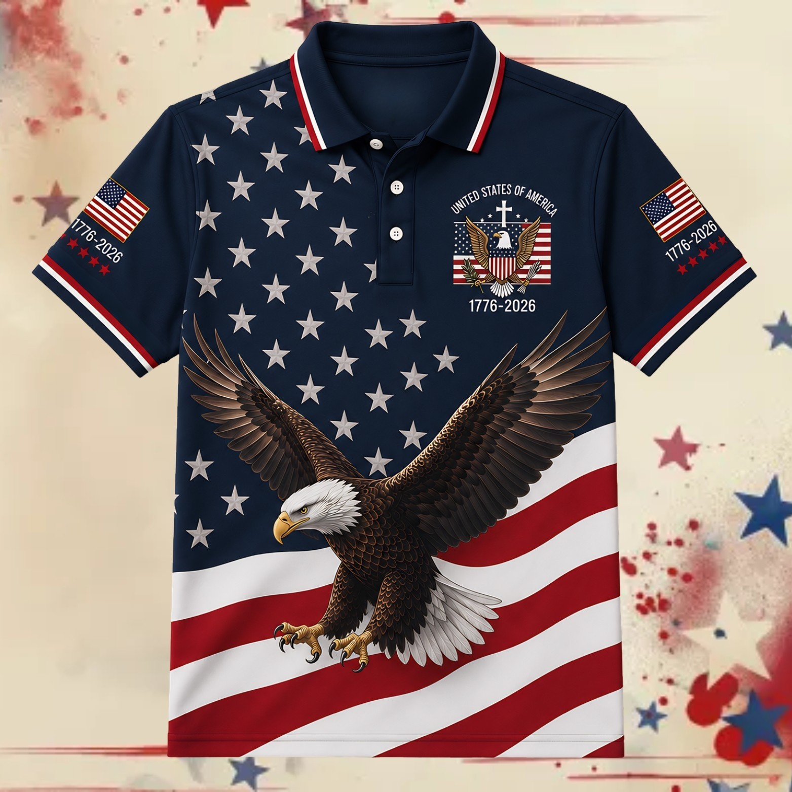 250 Years Bald Eagle US Flag Golf Polo, Patriotic 4th Of July Shirt (S-5XL)