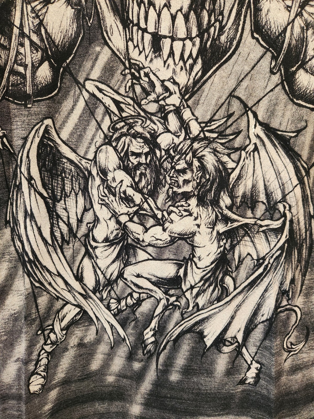 Rare Vtg Affliction Puppet Master God Vs Devil Demon Shirt L Y2K All Over Print