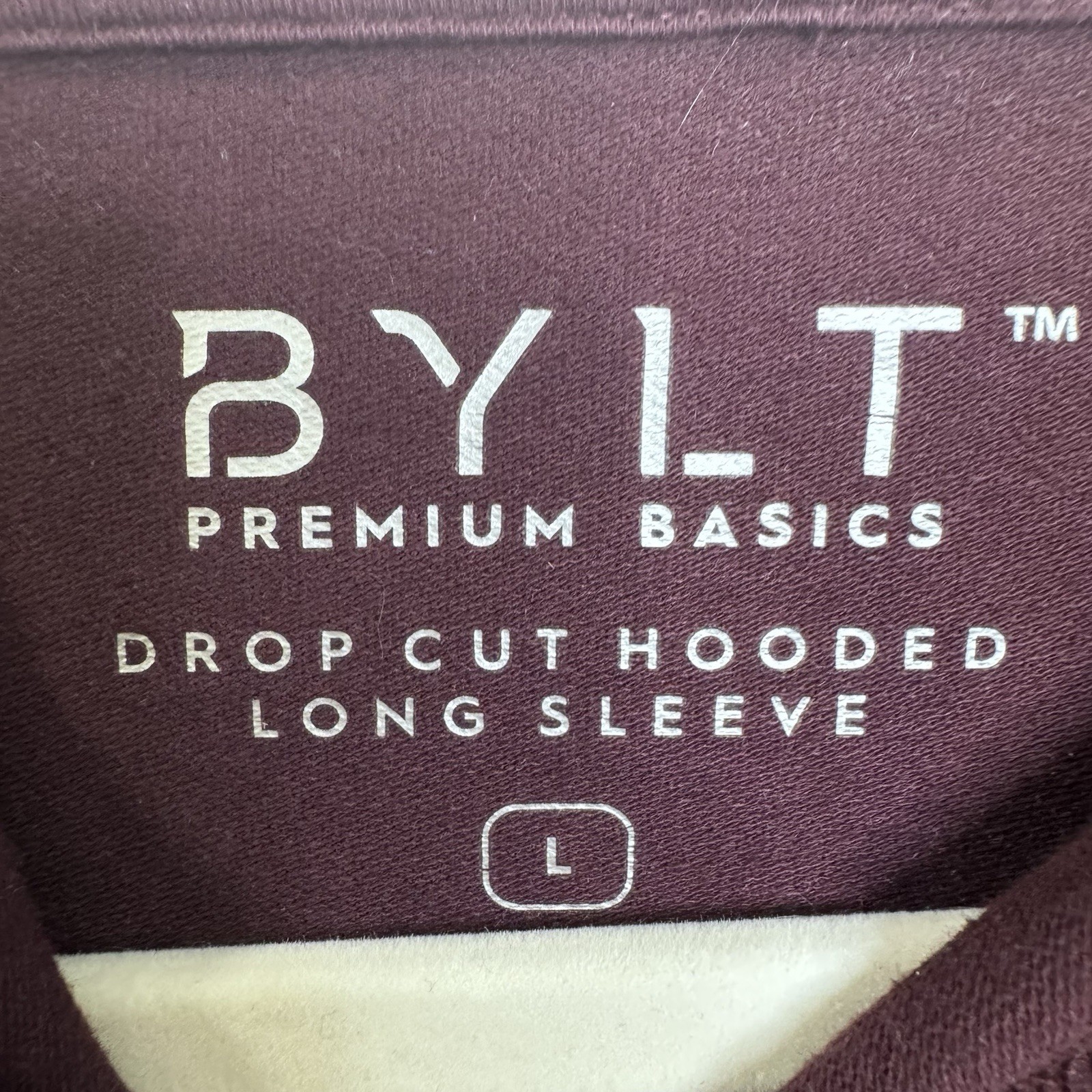BYLT Premium Basics Drop Cut Hooded Long Sleeve Mens L Burgundy Stretch Tee