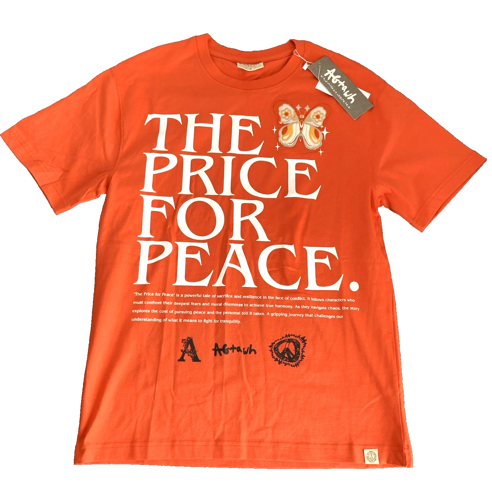 AGTAWH Men’s T-Shirt Size M 100% Cotton Graphic Print Tee Peace Butterfly Orange