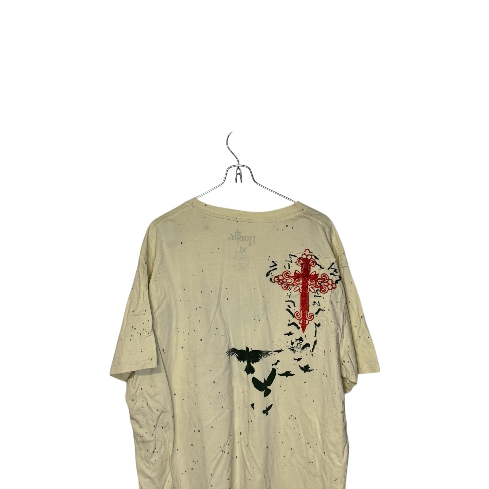 Nostic Men’s T-Shirt Paint Splatter Beaded V-Neck Short Sleeve Cotton Beige XL