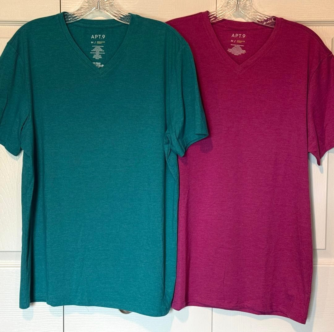 2 APT 9 Premier Flex Men’s T-Shirt Pink Green Solid V-Neck Tee Bundle Excellent