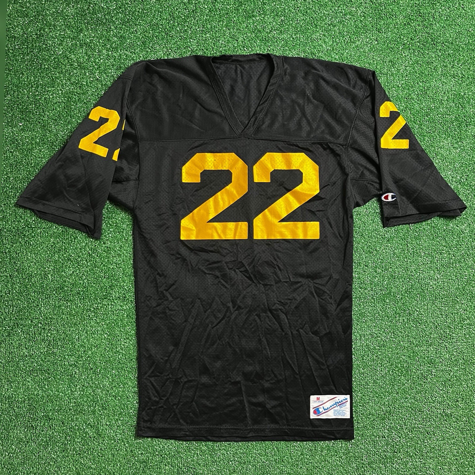 Vintage Champion Football Jersey Black Yellow 22 Size Medium Nylon 80s USA Made