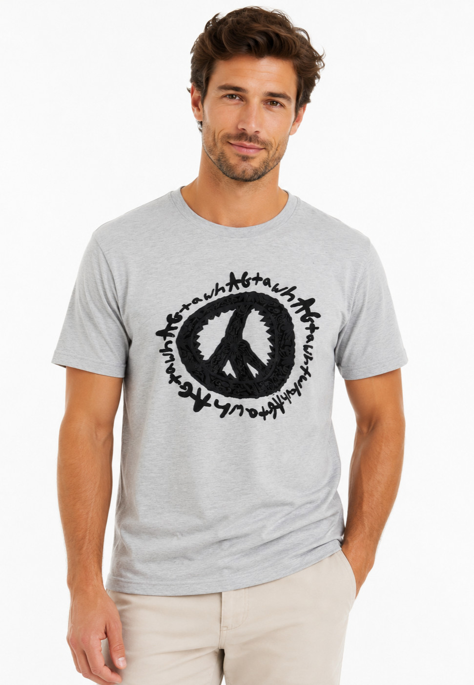 AGTAWH Men’s T-Shirt New M Gray Short Sleeve Crew Neck Graphic Peace Embroirery