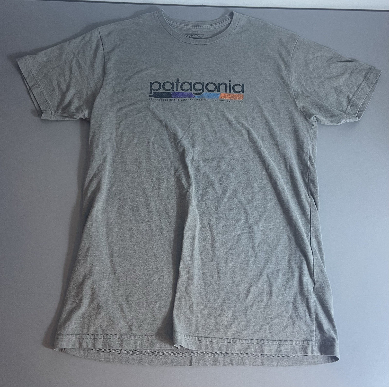 Patagonia Shirt Mens Medium Gray Spell Out Short Sleeve Slim Fit Hiking Casual