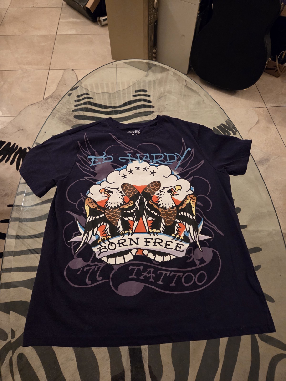 Don Ed Hardy Born Free Tattoo Graphic T-Shirt Blue Crew Neck SS