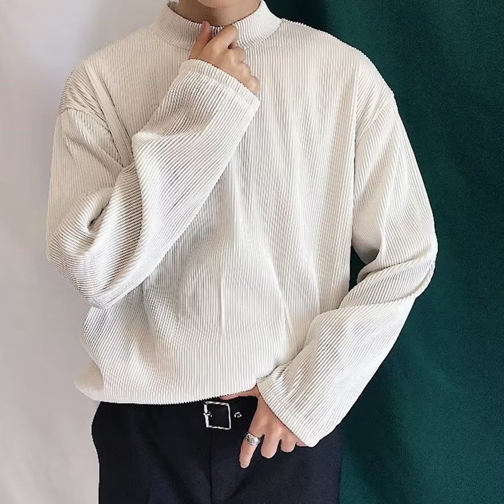 Mens Casual Pleated Drape Half Turtleneck T Shirt for Daily Wear and Commuting