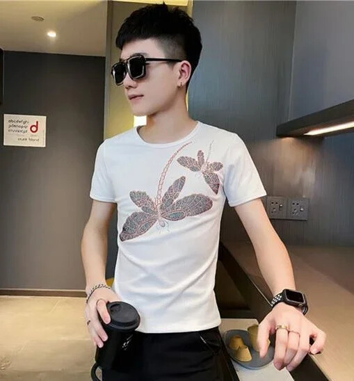New Men Luxury Rhinestones Dragonfly Fashion Black White T-Shirt High Quality