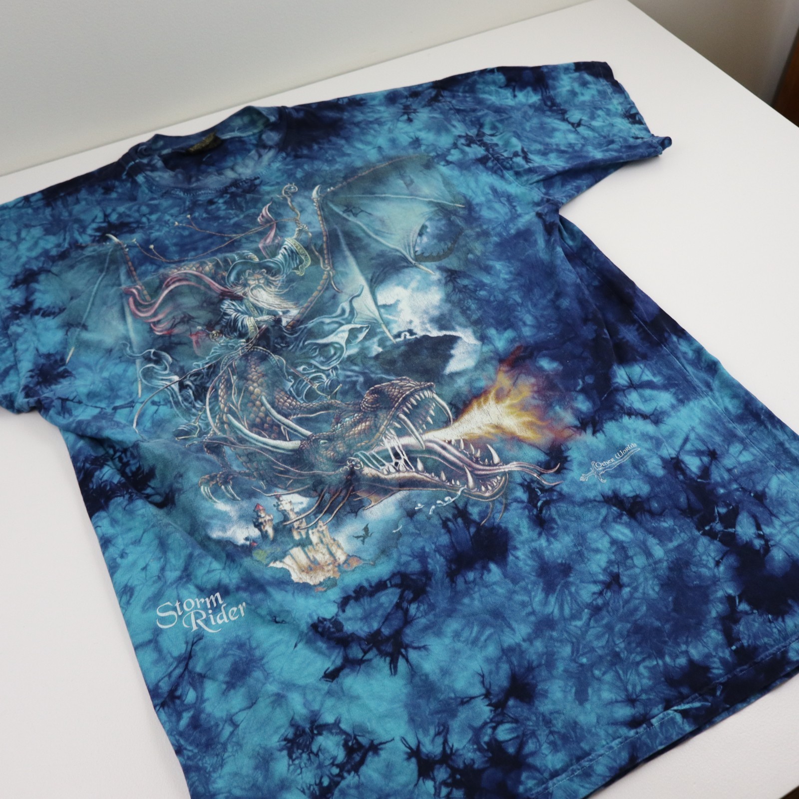 Vtg Other Worlds Wizard Storm Rider Dragon Shirt Tie Dye Mens L/XL Planet Earth