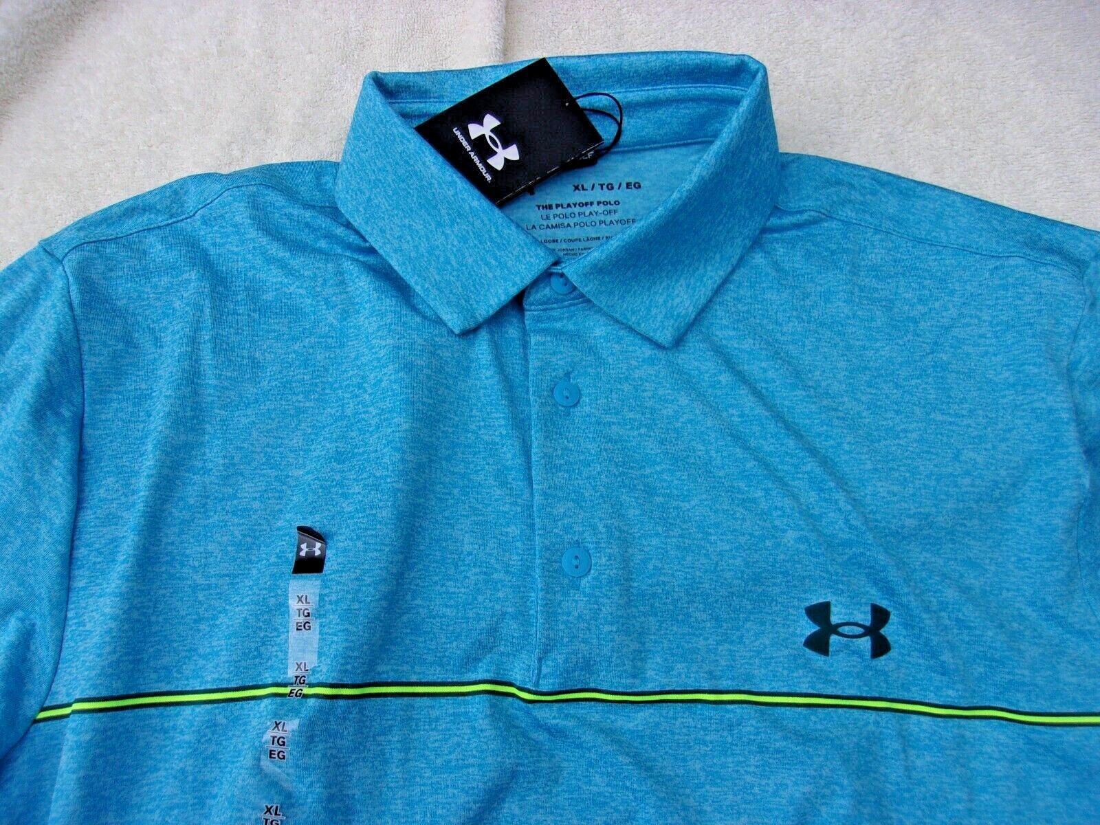 NWT Under Armour Loose Fit Playoff polo, men’s L, XL, blue, bright green stripe