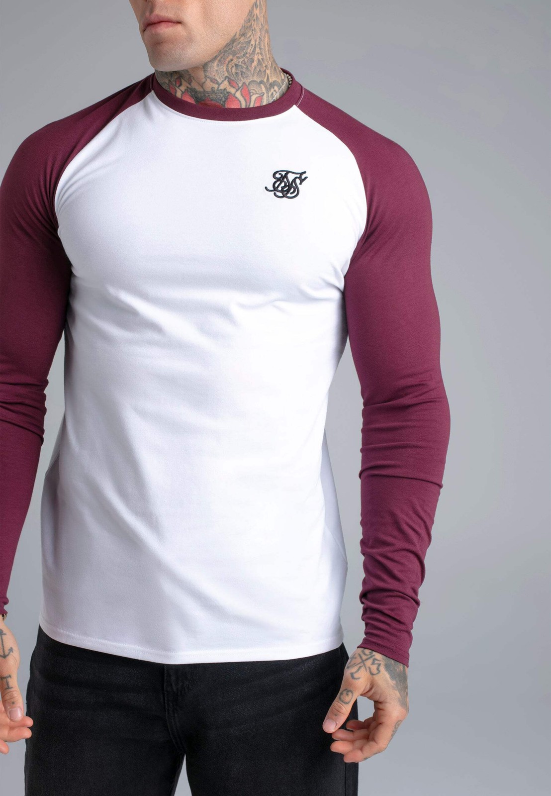 SikSilk Men’s Long Sleeved Muscle Fit T-Shirt Tee White and Burgundy