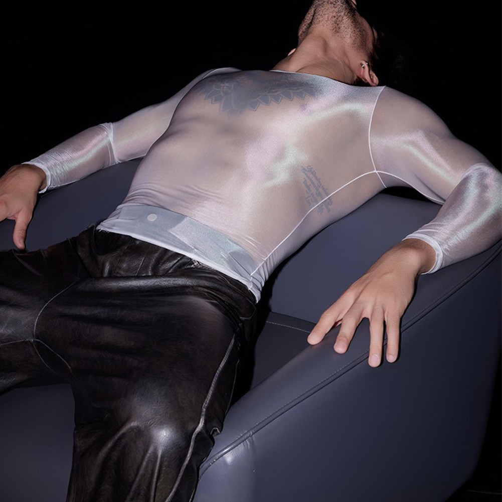 Men’s Oil Shiny See Through Long Sleeve Sheer Tights Top Sexy Lingerie Shirt