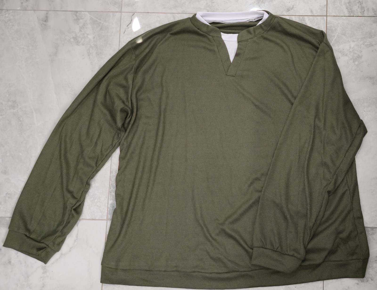 Men’s 4XL Olive Green Waffle Knit Long Sleeve Shirt Notch Neck Casual Thermal To