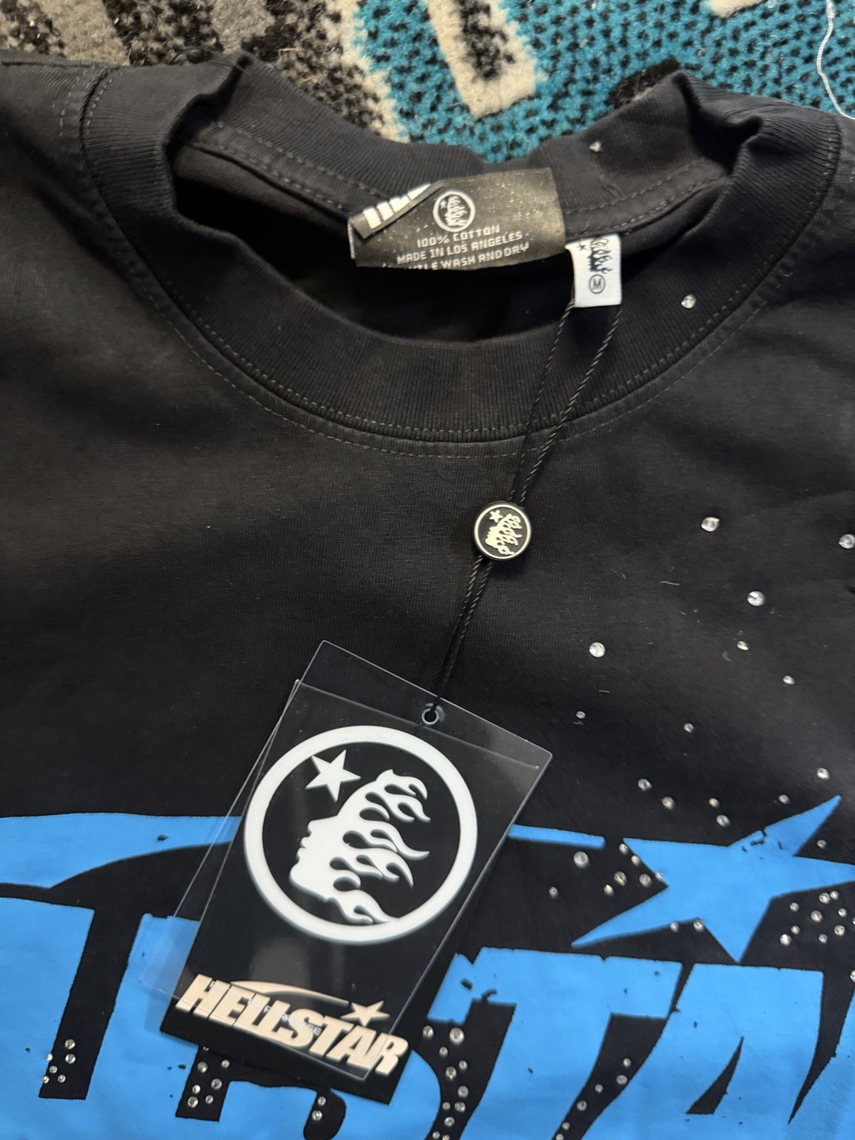 Hellstar Men’s Black Blue Cotton Jersey Graphic Logo Crew Neck Tee Size M