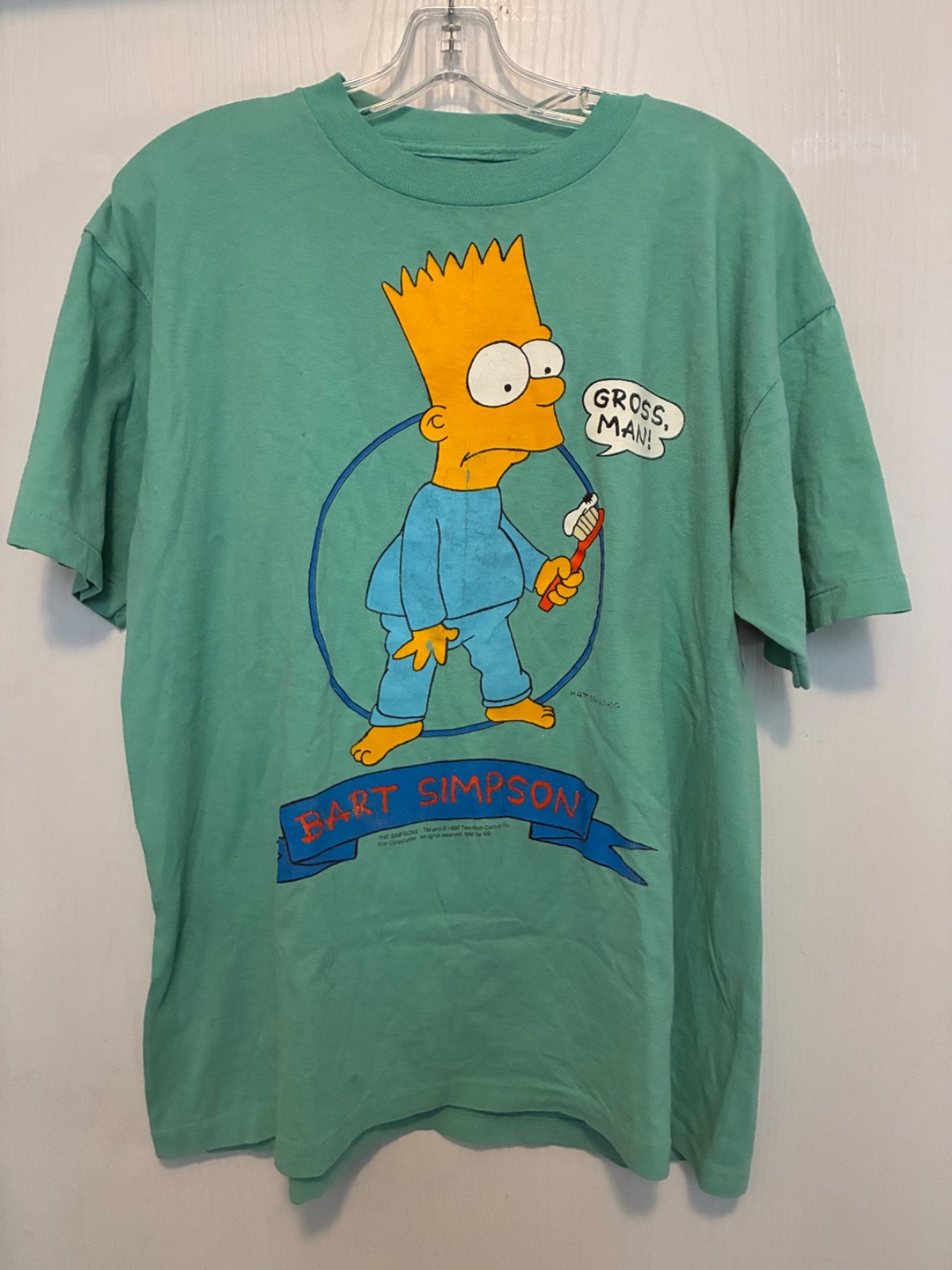 VTG Bart Simpson T Shirt 1990 Original L RARE Light Blue Single Stitch GROSS MAN
