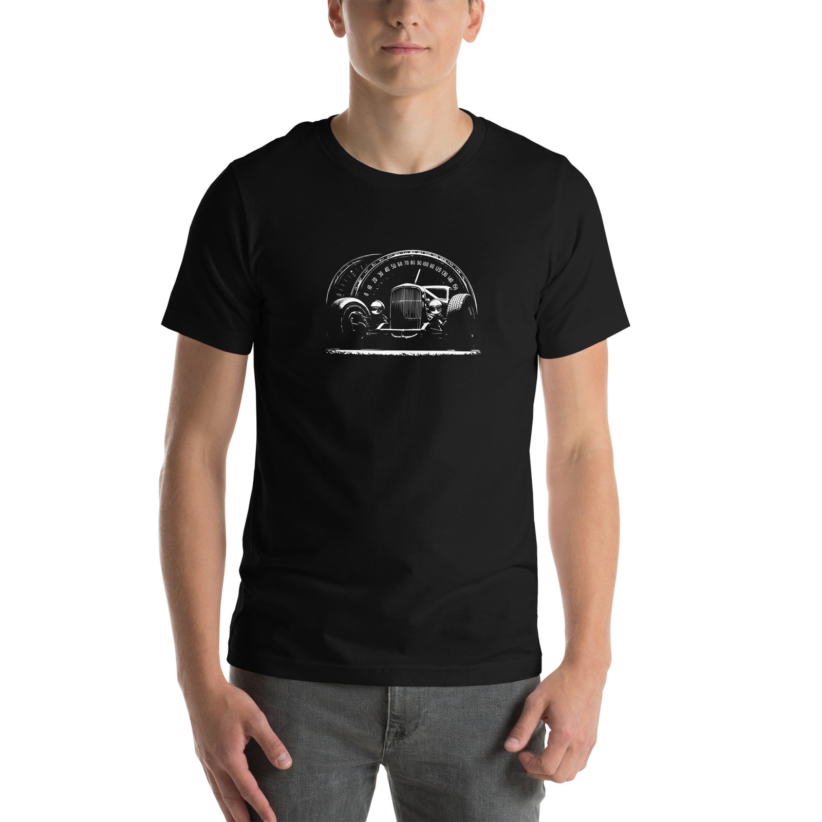 Classic car shirt featuring 30’s-era hot rod with speedometer background