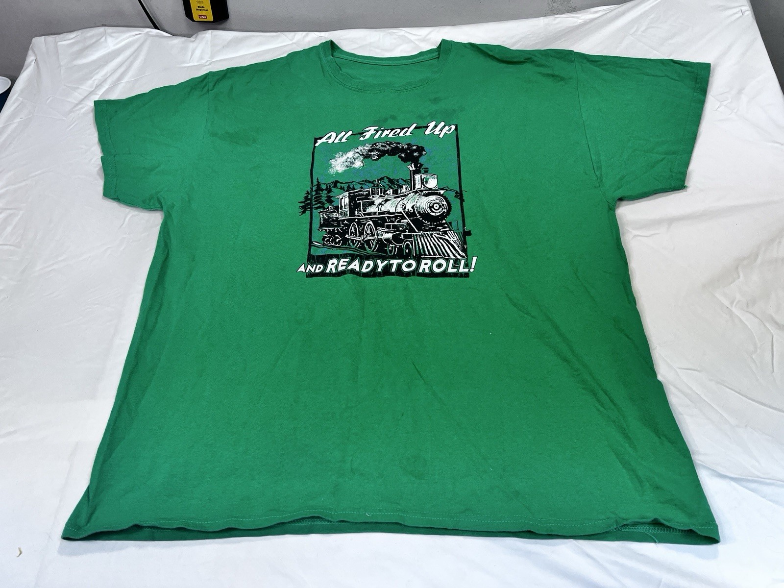 Vintage Steam Train Locomotive T-Shirt Green All Fired Up Ready To Roll Xl-xxl
