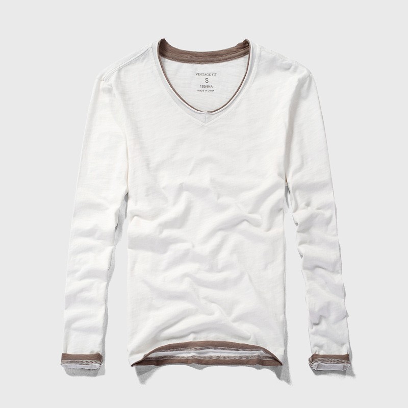 Hot Mens Long-Sleeved T-Shirts New Cotton V-Neck Solid Color Casual Slim Tops