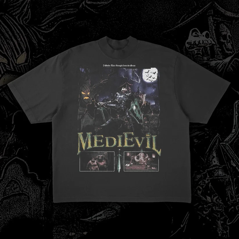 Monarch Wear MediEvil T-Shirt Sir Daniel Fortesque PS1 Game Black