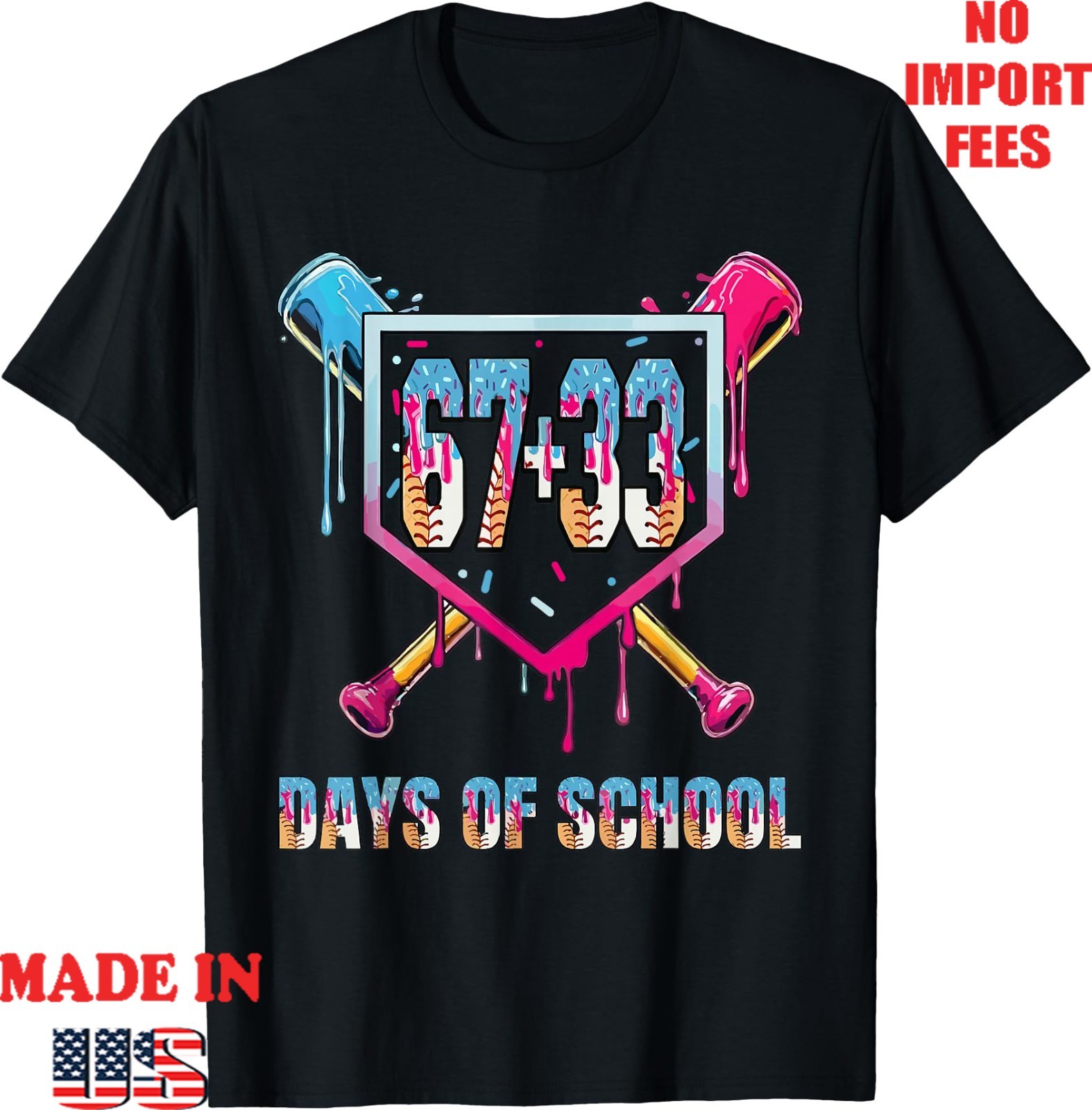 67+33 100th Days of School Boys Baseball Drip T-Shirt, Kid Adult Tee