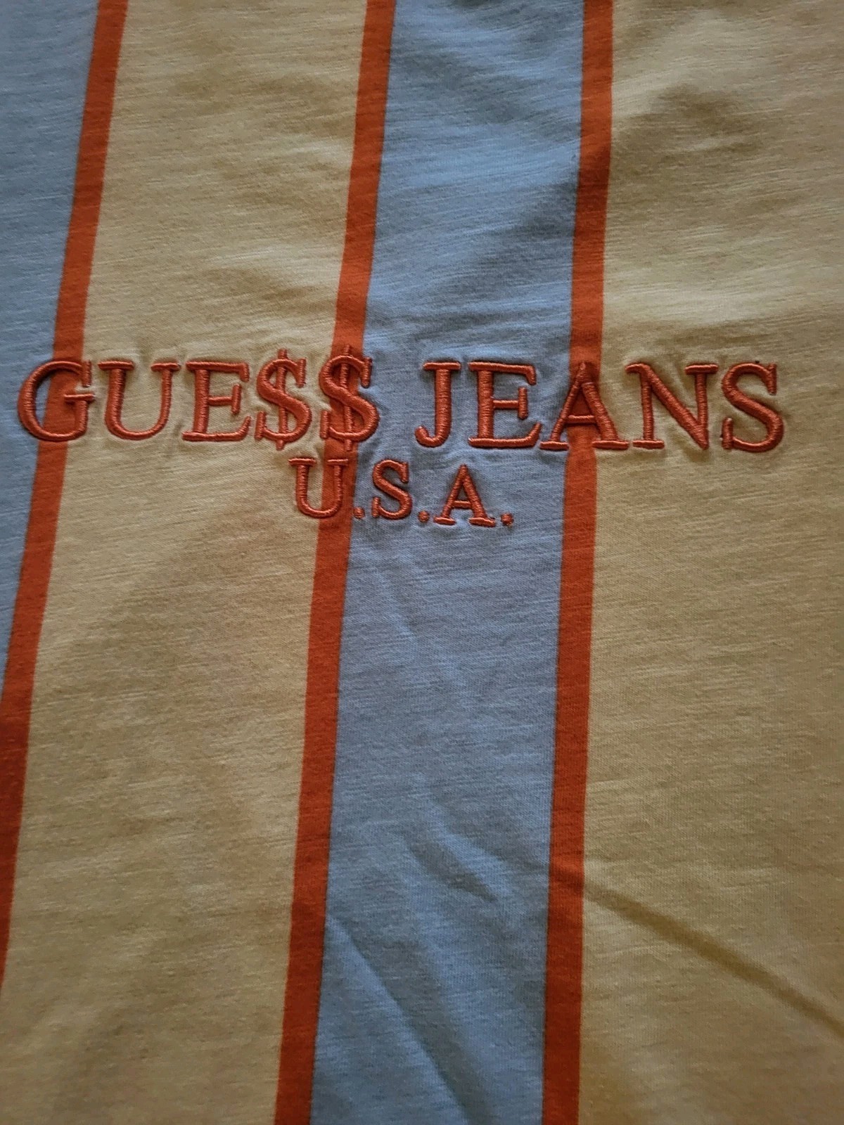 GUESS Originals GUE$$ Jeans Striped Embroidered Logo T-Shirt Yellow Blue S