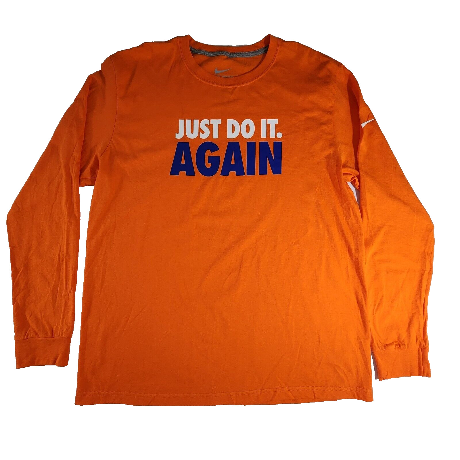 Nike Just Do It Again Men’s XL Orange Long Sleeve T-Shirt Ribbed Cuffs NWOT Flaw