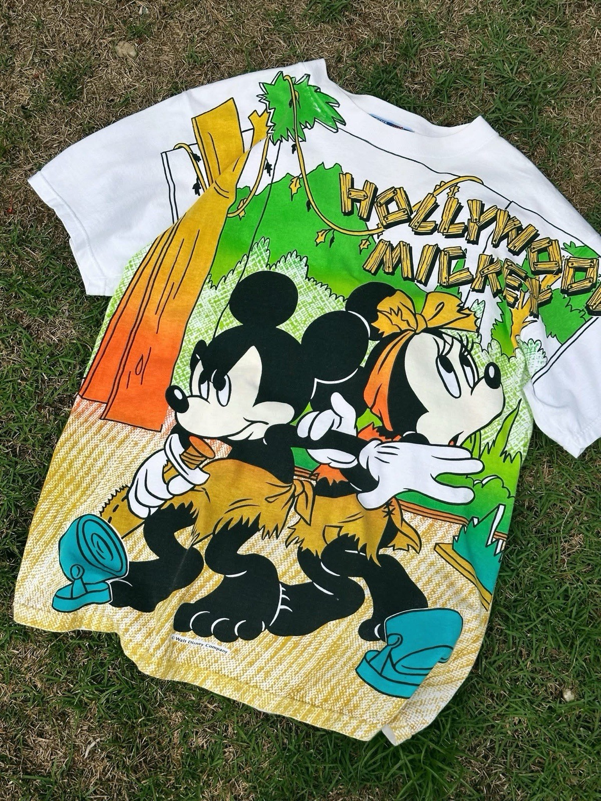 Vintage Mickey Hollywood T-shirt 90s Aop Rare Large White Disney Minnie
