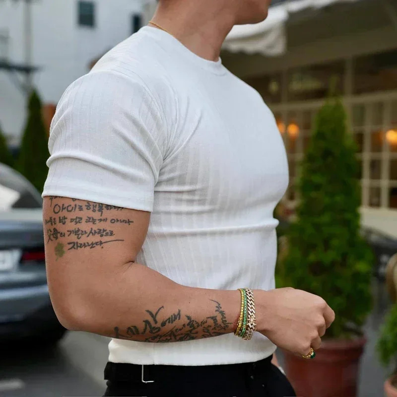 2025Summer Fashion Solid Color Ribbed Slim T Shirts Men Streetwear Classic Simpl